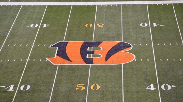 Nov 5, 2015; Cincinnati, OH, USA; General view of Cincinnati Bengals logo at midfield of an NFL