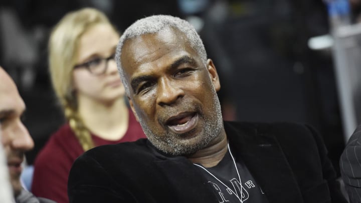 Feb 23, 2017; Cleveland, OH, USA; Former New York Knicks player Charles Oakley, left,  attends the game between the Cleveland Cavaliers and the New York Knicks  at Quicken Loans Arena. Mandatory Credit: Ken Blaze-USA TODAY Sports