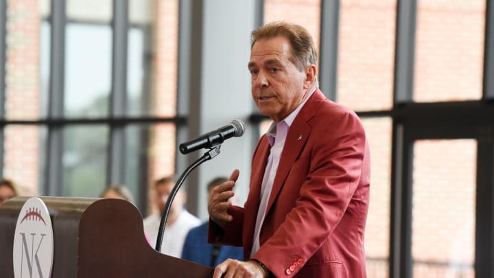 Nick Saban makes his remarks to the assembled crowd of friends, supporters and agencies Wednesday, Aug. 14, 2024, at Bryant-Denny Stadium during the annual Nick’s Kids Foundation Luncheon.