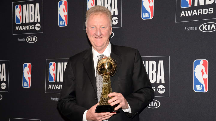 June 24, 2019; Los Angeles, CA, USA; NBA former player Larry Bird poses with his lifetime achievement award at the 2019 NBA Awards show at Barker Hanger. Mandatory Credit: Gary A. Vasquez-USA TODAY Sports
