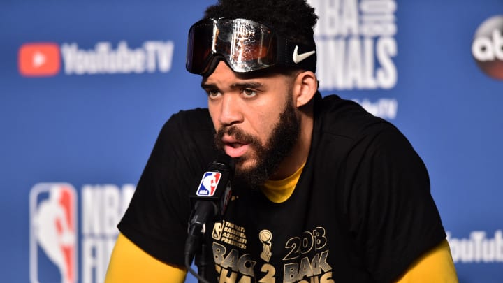 Jun 8, 2018; Cleveland, OH, USA; Golden State Warriors center JaVale McGee (1) speaks during a press conference after defeating the Cleveland Cavaliers in game four of the 2018 NBA Finals at Quicken Loans Arena. Mandatory Credit: Ken Blaze-USA TODAY Sports Jun 8, 2018; Cleveland, OH, USA; Golden State Warriors center JaVale McGee (1) speaks during a press conference after defeating the Cleveland Cavaliers in game four of the 2018 NBA Finals at Quicken Loans Arena. Mandatory Credit: Ken Blaze-USA TODAY Sports