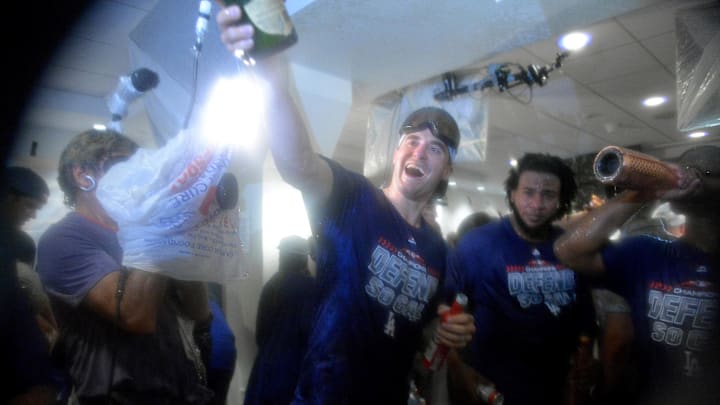 October 1, 2018; Los Angeles, CA, USA; Los Angeles Dodgers relief pitcher Ross Stripling (68) celebrates following the victory against the Colorado Rockies in the National League West division tiebreaker game at Dodger Stadium. October 1, 2018; Los Angeles, CA, USA; Los Angeles Dodgers relief pitcher Ross Stripling (68) celebrates following the victory against the Colorado Rockies in the National League West division tiebreaker game at Dodger Stadium.