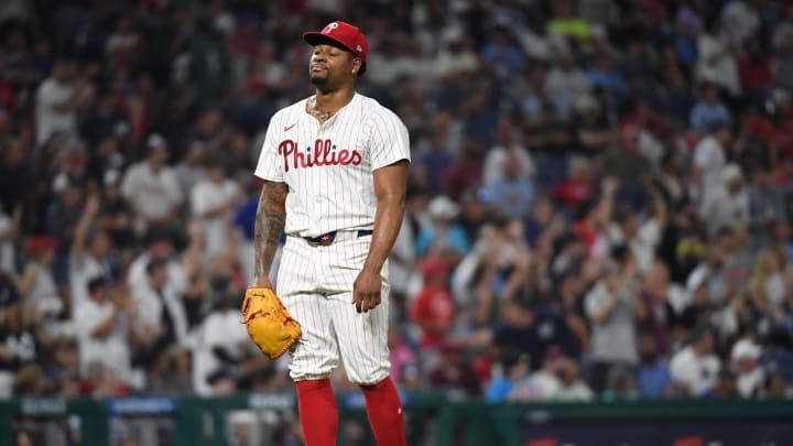 Jul 29, 2024; Philadelphia, Pennsylvania, USA; Philadelphia Phillies pitcher Gregory Soto (30) reacts after allowing a home run.