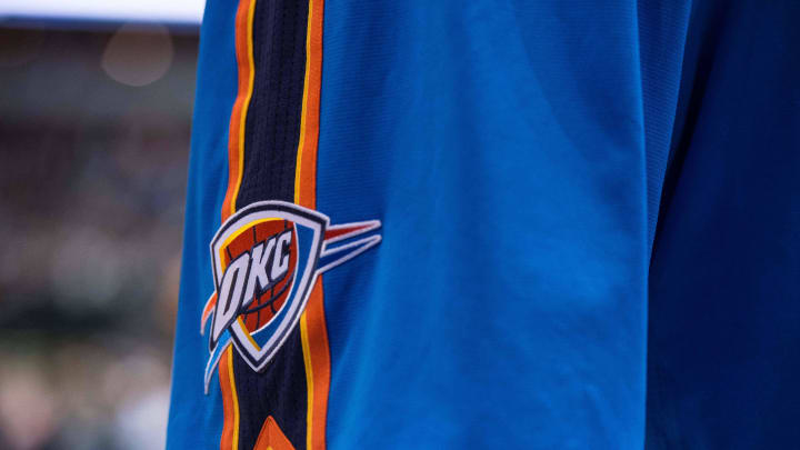 Dec 28, 2014; Dallas, TX, USA; A view of Oklahoma City Thunder logo on the shorts of guard Russell Westbrook (0) during the game against the Dallas Mavericks at the American Airlines Center. The Mavericks defeated the Thunder 112-107. Mandatory Credit: Jerome Miron-USA TODAY Sports