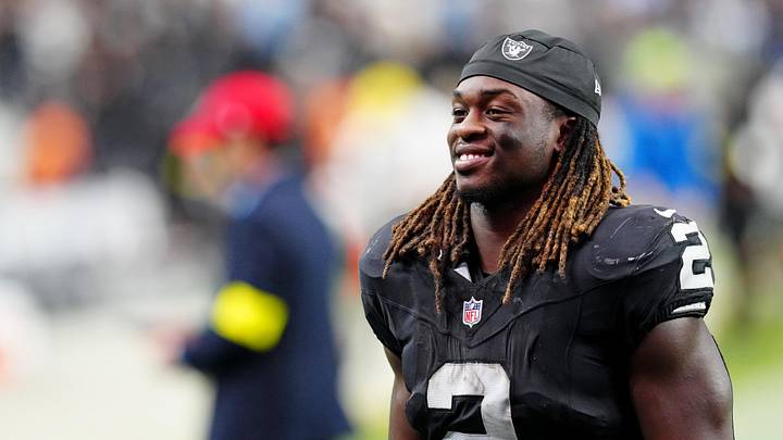 Oct 12, 2025; Paradise, Nevada, USA; Las Vegas Raiders running back Ashton Jeanty (2) reacts after the game against the Tennessee Titans at Allegiant Stadium. Mandatory Credit: Stephen R. Sylvanie-Imagn Images