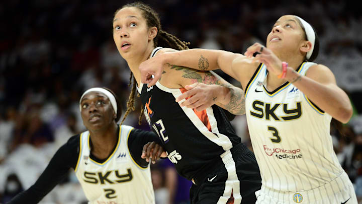 Oct 10, 2021; Phoenix, Arizona, USA; Chicago Sky guard/forward Kahleah Copper (2) and Chicago Sky forward/center Candace Parker (3) box out Phoenix Mercury center Brittney Griner (42) during the first half of game one of the 2021 WNBA Finals at Footprint Center. Mandatory Credit: Joe Camporeale-Imagn Images