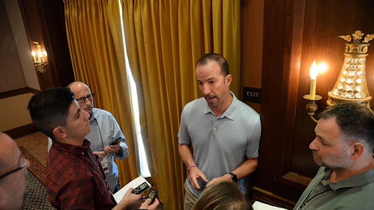 Nov 12, 2019; Scottsdale, AZ, USA; Los Angeles Angels general manager Billy Eppler speaks during