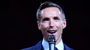 Oct 30, 2015; Phoenix, AZ, USA; Two-time NBA Most Valuable Player Steve Nash during his induction into the Suns Ring of Honor speech during half time at Talking Stick Resort Arena. Mandatory Credit: Jennifer Stewart-Imagn Images
