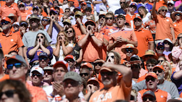 Oct 19, 2024; Clemson, South Carolina, USA; Clemson Tigers fans react during a game against the Virginia Cavaliers at Memorial Stadium. Mandatory Credit: Alexander Hicks-Imagn Images