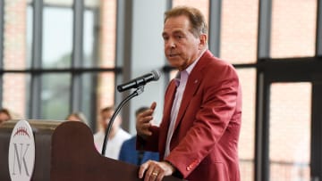 Nick Saban makes his remarks to the assembled crowd of friends, supporters and agencies Wednesday, Aug. 14, 2024, at Bryant-Denny Stadium during the annual Nick’s Kids Foundation Luncheon.