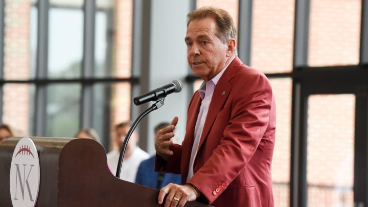 Nick Saban makes his remarks to the assembled crowd of friends, supporters and agencies Wednesday, Aug. 14, 2024, at Bryant-Denny Stadium during the annual Nick’s Kids Foundation Luncheon.