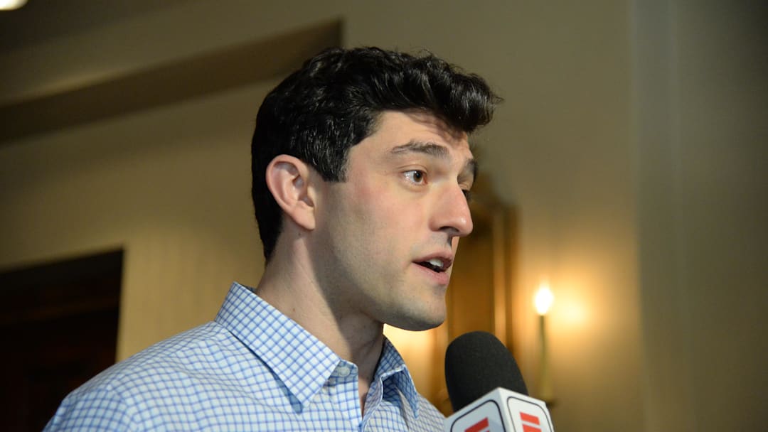 Nov 13, 2019; Scottsdale, AZ, USA; Boston Red Sox chief baseball officer Chaim Bloom speaks with members of the media during general managers meetings at the Omni Scottsdale Resort & Spa at Montelucia Mandatory Credit: Joe Camporeale-Imagn Images