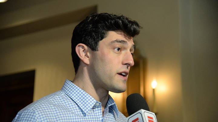 Nov 13, 2019; Scottsdale, AZ, USA; Boston Red Sox chief baseball officer Chaim Bloom speaks with members of the media during general managers meetings at the Omni Scottsdale Resort & Spa at Montelucia Mandatory Credit: Joe Camporeale-Imagn Images