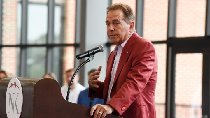 Nick Saban makes his remarks to the assembled crowd of friends, supporters and agencies at Bryant-Denny Stadium during the annual Nick’s Kids Foundation Luncheon.