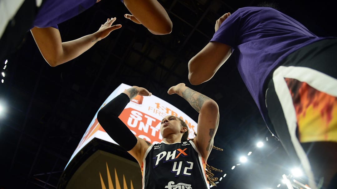 Oct 10, 2021; Phoenix, Arizona, USA; Phoenix Mercury center Brittney Griner (42) is introduced during the first half of game one of the 2021 WNBA Finals against the Chicago Sky at Footprint Center. Mandatory Credit: Joe Camporeale-Imagn Images