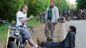 Greg Nicotero, Michael Cudlitz and Norman Reedus - The Walking Dead _ Season 6, Episode 1 _ BTS - Photo Credit: Gene Page/AMC