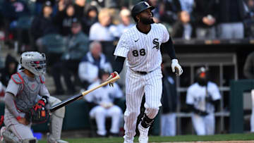 Chicago White Sox center fielder Luis Robert Jr. (88) watches his two run home run during the sixth inning against the Boston Red Sox at Rate Field in Chicago on April 12, 2025.