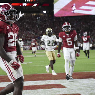 Sep 7, 2024; Tuscaloosa, Alabama, USA;  Alabama Crimson Tide running back Jam Miller (26) celebrates after a touchdown run against the South Florida Bulls at Bryant-Denny Stadium. Alabama won 42-16. 