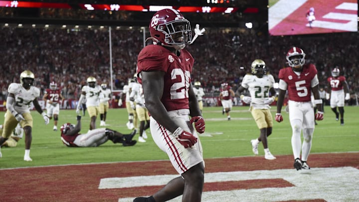 Sep 7, 2024; Tuscaloosa, Alabama, USA;  Alabama Crimson Tide running back Jam Miller (26) celebrates after a touchdown run against the South Florida Bulls at Bryant-Denny Stadium. Alabama won 42-16. 