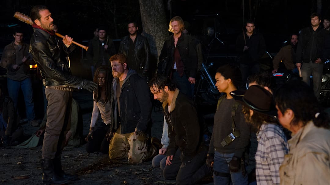 Danai Gurira as Michonne; Michael Cudlitz as Sgt Abraham Ford; Lauren Cohan as Maggie Greene; Andrew Lincoln as Rick Grimes; Sonequa Martin-Green as Sasha; Jeffrey Dean Morgan as Negan; Chandler Riggs as Carl Grimes; Josh McDermitt as Dr Eugene Porter in The Walking Dead season 6