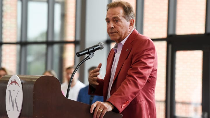 Nick Saban makes his remarks to the assembled crowd of friends, supporters and agencies Wednesday, Aug. 14, 2024, at Bryant-Denny Stadium during the annual Nick’s Kids Foundation Luncheon.