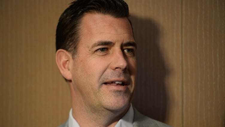 Nov 13, 2019; Scottsdale, AZ, USA; New York Mets general manager Brodie Van Wagenen speaks with