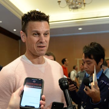 Seattle Mariners general manager Jerry Dipoto speaks with members of the media during general managers meetings at the Omni Scottsdale Resort & Spa at Montelucia in 2019.