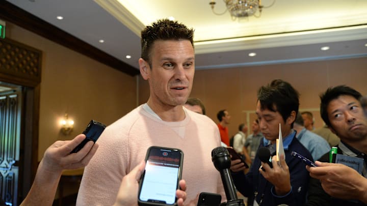 Seattle Mariners general manager Jerry Dipoto speaks with members of the media during general managers meetings at the Omni Scottsdale Resort & Spa at Montelucia in 2019.