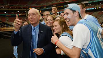 Apr 3, 2017; Phoenix, AZ, USA; Television personality Dick Vitale poses for a photo with North Carolina Tar Heels fans before the championship game of the 2017 NCAA Men's Final Four against the Gonzaga Bulldogs at University of Phoenix Stadium. Mandatory Credit: Joe Camporeale-Imagn Images