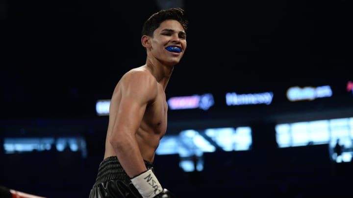 May 6, 2017; Las Vegas, NV, USA; Ryan Garcia (black/gold trunks) reacts after defeating Tyrone Luckey (not pictured) in their lightweight bout at T-Mobile Arena. Garcia won via second round TKO.