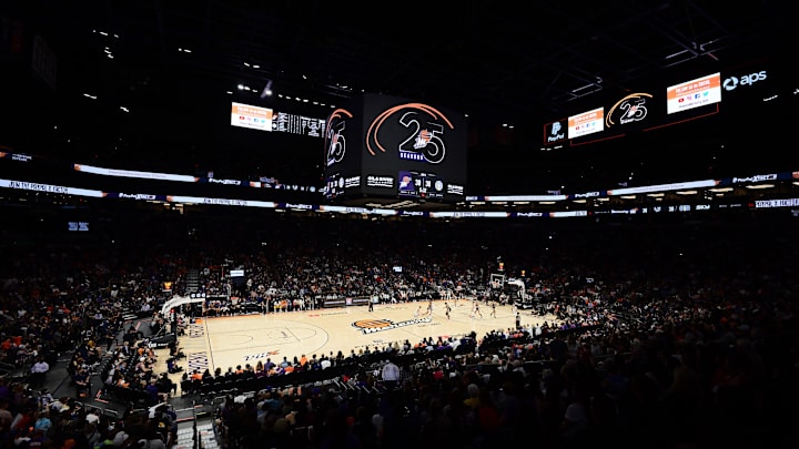 Oct 13, 2021; Phoenix, Arizona, USA; A general view of game action between the Phoenix Mercury and the Chicago Sky during the first half of game two of the 2021 WNBA Finals at Footprint Center. Mandatory Credit: Joe Camporeale-Imagn Images