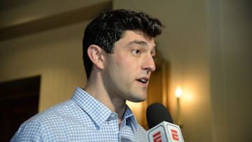 Nov 13, 2019; Scottsdale, AZ, USA; Boston Red Sox chief baseball officer Chaim Bloom speaks with members of the media during general managers meetings at the Omni Scottsdale Resort & Spa at Montelucia Mandatory Credit: Joe Camporeale-Imagn Images