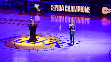 May 12, 2021; Los Angeles, California, USA; Los Angeles Lakers president Jeanie Buss speaks before the reveal of the 2020 champions banner at Staples Center. Mandatory Credit: Gary A. Vasquez-Imagn Images