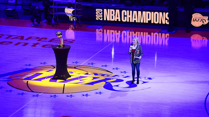 May 12, 2021; Los Angeles, California, USA; Los Angeles Lakers president Jeanie Buss speaks before the reveal of the 2020 champions banner at Staples Center. Mandatory Credit: Gary A. Vasquez-Imagn Images