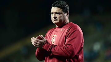 Nov 23, 2013; Boulder, CO, USA; Southern California Trojans interim head coach Ed Orgeron before the game against the Colorado Buffaloes at Folsom Field. The Trojans defeated the Buffaloes 47-29. Mandatory Credit: Ron Chenoy-Imagn Images