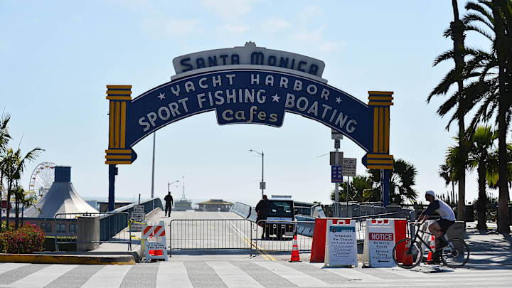 Mar 29, 2020; Santa Monica, California, USA; General view of entrance to Santa Monica Pier closed due to COVID-19 pandemic. 