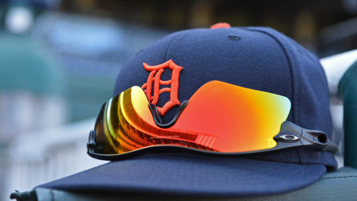 Sep 6, 2013; Kansas City, MO, USA; A Detroit Tigers ball cap with the reflection of Kansas City Royals Kauffman Stadium in the sunglasses.  