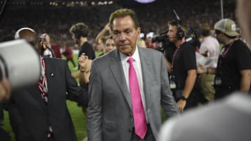 Sep 7, 2024; Tuscaloosa, Alabama, USA;  Nick Saban walks off the field after it was renamed in his honor at Bryant-Denny Stadium during halftime of Alabamaís win over South Florida 42-16. Mandatory Credit: Gary Cosby Jr.-USA TODAY Network via Imagn Images