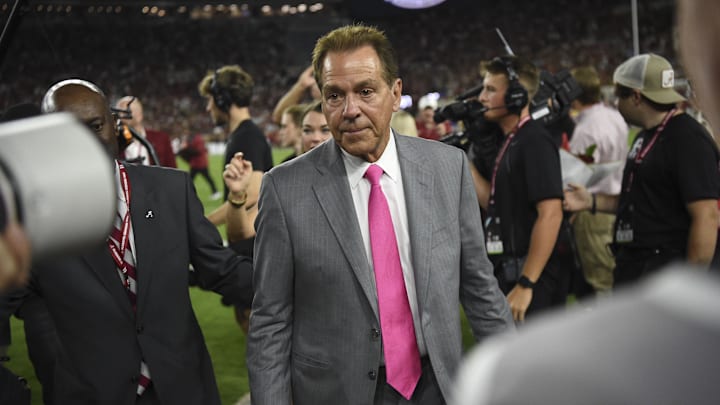 Sep 7, 2024; Tuscaloosa, Alabama, USA;  Nick Saban walks off the field after it was renamed in his honor at Bryant-Denny Stadium during halftime of Alabamaís win over South Florida 42-16. Mandatory Credit: Gary Cosby Jr.-USA TODAY Network via Imagn Images