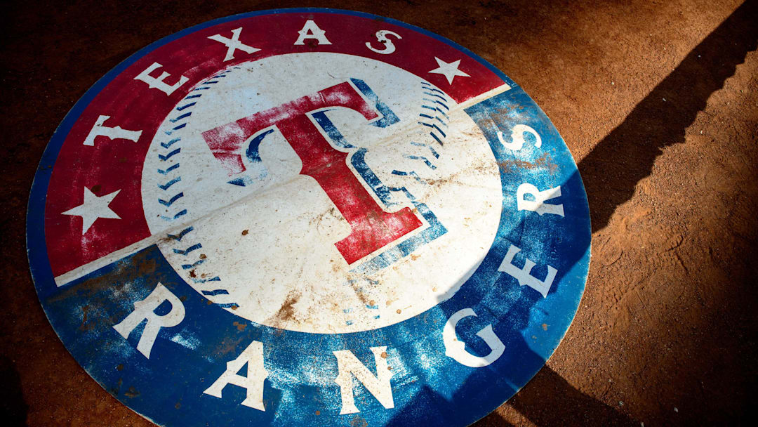 Sep 5, 2014; Arlington, TX, USA; A view of the Texas Rangers logo before the game between the Rangers and the Seattle Mariners at Globe Life Park in Arlington. Mandatory Credit: Jerome Miron-Imagn Images
