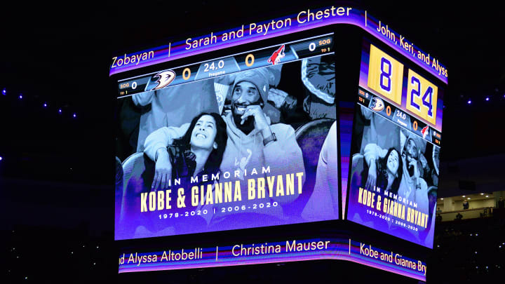 January 29, 2020; Anaheim, California, USA; Tribute for former Los Angeles Lakers Kobe Bryant, Gianna Bryant and victims before the Anaheim Ducks play against the Arizona Coyotes at Honda Center. Mandatory Credit: Gary A. Vasquez-USA TODAY Sports