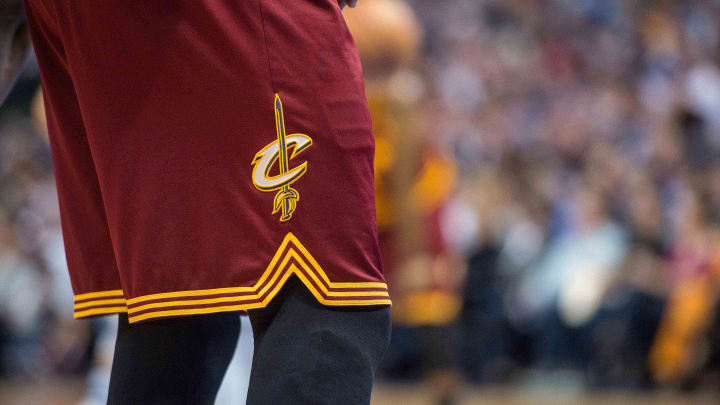 Jan 30, 2017; Dallas, TX, USA; A view of the Cleveland Cavaliers logo on the shorts of Cavaliers forward LeBron James (23) during the game against the Dallas Mavericks at the American Airlines Center. The Mavericks defeat the Cavaliers 104-97.