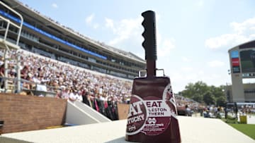 Sep 7, 2019; Starkville, MS, USA; A cowbell sits on a column before the game between the Mississippi State Bulldogs and the Southern Miss Golden Eagles at Davis Wade Stadium. Mandatory Credit: Matt Bush-Imagn Images