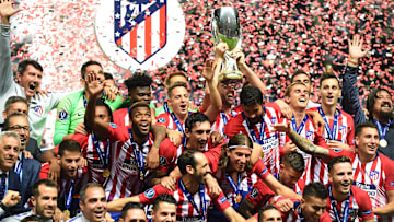 El Atlético de Madrid celebrando el triunfo en la Supercopa de Europa	de 2018, cuando venció al Real Madrid 