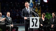 Nov 2, 2013; Denver, CO, USA; Colorado Avalanche former defenseman Adam Foote reacts during his jersey retirement ceremony before the game against the Montreal Canadiens at Pepsi Center. Mandatory Credit: Ron Chenoy-Imagn Images