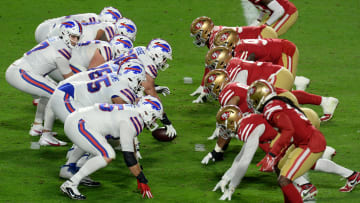Dec 7, 2020; Glendale, Arizona, USA; Buffalo Bills quarterback Josh Allen (17) lines up against the San Francisco 49ers during the first half at State Farm Stadium. Mandatory Credit: Joe Camporeale-USA TODAY Sports