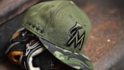 May 29, 2017; Miami, FL, USA; A general view of the special Memorial Day hat worn by Miami Marlins players in the game against the Philadelphia Phillies at Marlins Park.