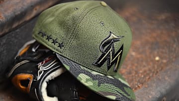 May 29, 2017; Miami, FL, USA; A general view of the special Memorial Day hat worn by Miami Marlins players in the game against the Philadelphia Phillies at Marlins Park.