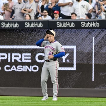 May 16, 2025; Bronx, New York, USA; New York Mets outfielder Juan Soto (22) looks on from right field during the first inning against the New York Yankees at Yankee Stadium. Mandatory Credit: John Jones-Imagn Images