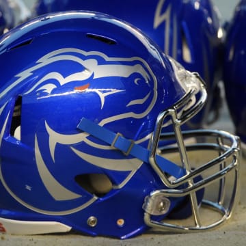 Dec 23, 2015; San Diego, CA, USA; General view of Boise State Broncos helmets on the sidelines during the 2015 Poinsettia Bowl against the Northern Illinois Huskies at Qualcomm Stadium. Mandatory Credit: Kirby Lee-USA TODAY Sports